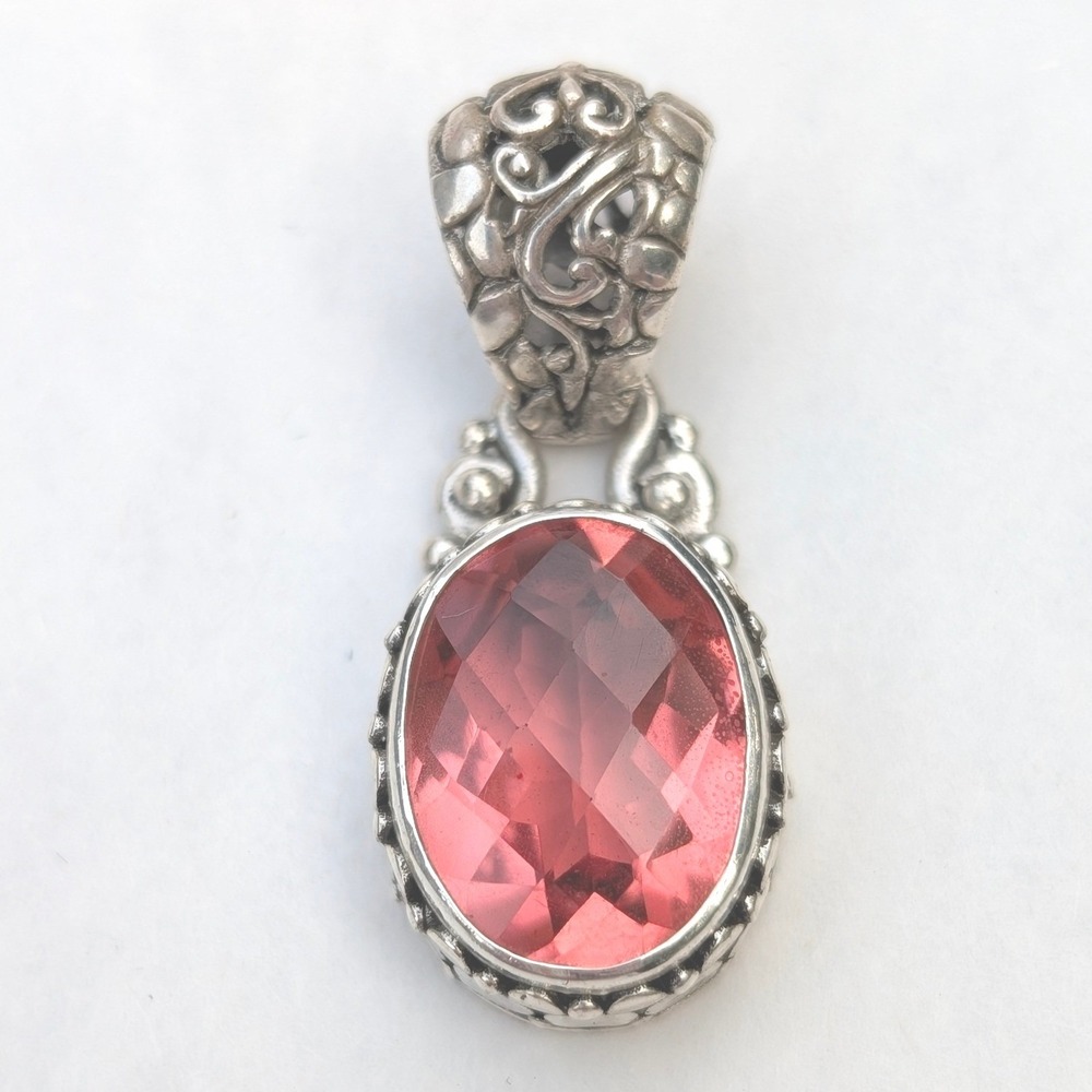 Sarda‎ Sterling Silver 925 Pink Gemstone Oval Filigree Artisan Pendant Charm 8g